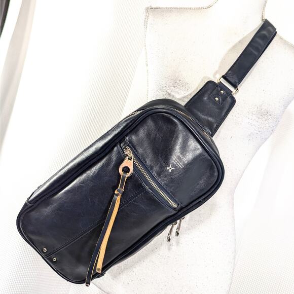ANELLO! LUXE NAVY VEGAN LEATHER MENS SHOULDER BAG, HIP PACK, ZIPPERED PURSE! - Picture 1 of 12